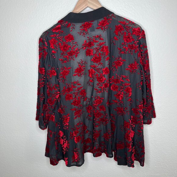 Alex Evenings Womens Red Black Floral Velvet Burnout Whimsygoth Cardigan kimono - Picture 9 of 9